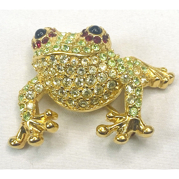 Vintage Monet Big Eyed Frog Brooch Gold Tone Red Green Rhinestone Pin Brooch - Picture 2 of 5